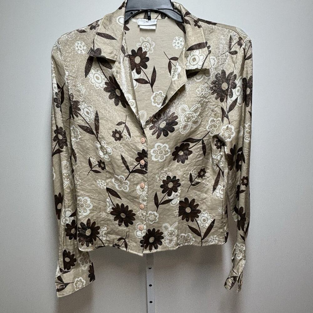 Day2Day Nylon Rayon Blouse Long Sleeve Button Up Taupe & Brown Floral Fit S Read